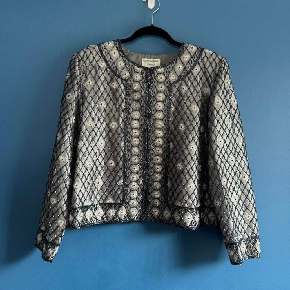 Adriana Papell Evening Beaded Jacket Silver Women's Size Large Glam Formal Retro